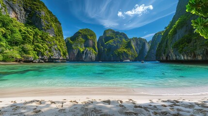 Amazing beach of Maya bay in Thailand with white sand and clear water.