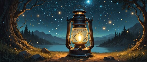Lantern in the forest at night. 3D illustration.