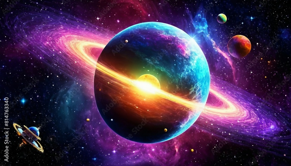 Wall mural abstract cosmic journey background with spacecraft and celestial phenomena.