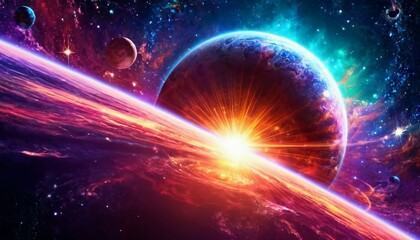 Abstract cosmic journey background with spacecraft and celestial phenomena.