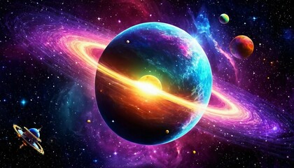 Obraz premium Abstract cosmic journey background with spacecraft and celestial phenomena.