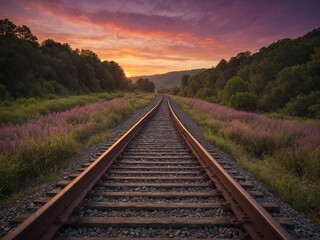 Obraz premium Breathtaking sunset paints sky with hues of orange, purple, casting warm glow over set of railroad tracks that stretch into distance. Surrounded by lush greenery, blooming purple flowers.