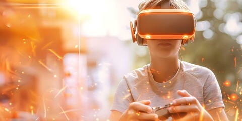 Teen gamer immersed in virtual reality game with VR headset. Concept Virtual Reality Gaming, Teenagers, Technology, Entertainment, Gaming Headsets