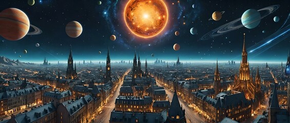 Fantasy cityscape with planets, stars and galaxies. 3D rendering