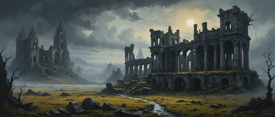 Fantasy landscape with ruins of ancient roman temple in the fog