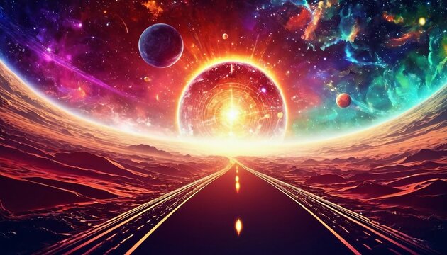 Abstract cosmic journey background with spacecraft and celestial phenomena.