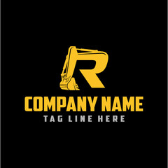 Letter R excavator logo template vector. Heavy equipment logo vector for construction company. Creative excavator illustration for logo template.	