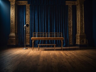 Vintage gymnasium bench takes center stage in grand room, surrounded by heavy blue curtains, ornate golden frame. To left, classic fan casts soft shadow on polished wooden floor.