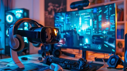 A virtual reality developer s desk with VR headsets, motion controllers, and a powerful computer setup