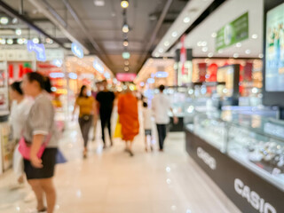Blurred image of people walking and shoping at atmosphere of shopping in a leading shopping center decorated in a modern way.