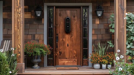 Small cozy country house in flowers. Entrance door