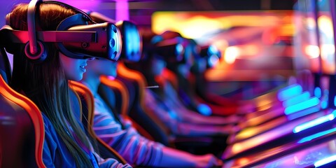 Enhancing Digital Entertainment: Virtual Reality Arcade Offers Immersive Gaming Experiences. Concept Immersive Gaming, Virtual Reality, Entertainment, Gaming Industry, Innovative Technology
