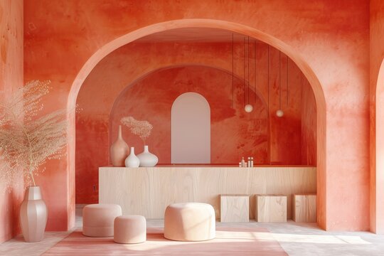 Zen-inspired yoga studio featuring spoty decor, natural wood floors, and large windows overlooking a tranquil garden. Beautiful simple AI generated image in 4K, unique.