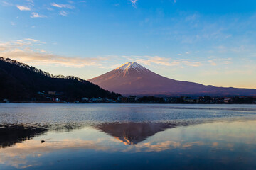 Beautiful landscape of Fuji mountain and Kawaguchiko lake at sunrise, Japan