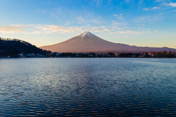 Beautiful landscape of Fuji mountain and Kawaguchiko lake at sunrise, Japan