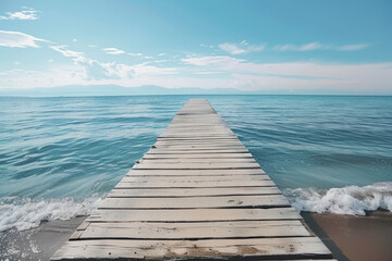 Serene wooden pier extending into a calm blue sea