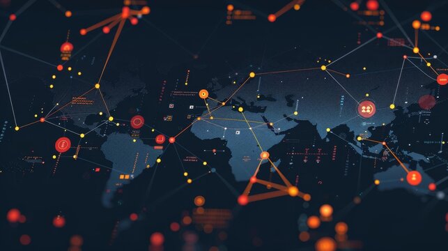 A visualization of a blockchain ledger tracking vaccine distribution, with nodes representing different geographic locations