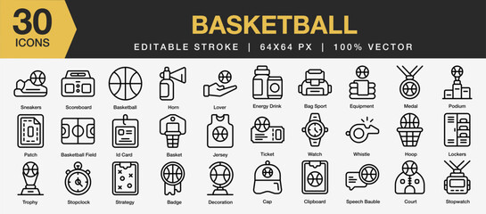 Set of 30 Basketball icon sets. Editable Stroke Icon Collection. Includes ball, field, card, jersey, strategy, badge, winner, and More. Outline icons vector collection.