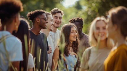 Fototapeta premium A diverse group of happy young adults is socializing outdoors in a sunny, natural setting, showing friendship and enjoyment