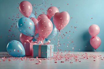 Gift box and balloons on blue wall background. 3d rendering