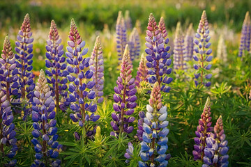 Lupine flowers blooming in the field at sunset. Nature background