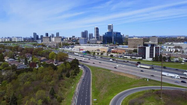Drone view of traffic in Highway 401 and Victoria Park Avenue in Toronto, Canada