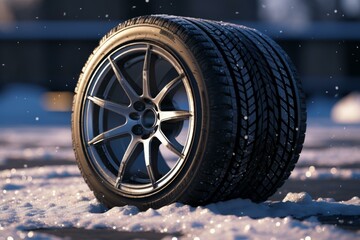 Close-up of car tires designed for winter weather on a snowy background