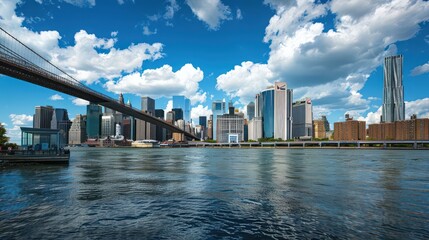 Scenic view of New York City's skyline with prominent buildings and a clear view under the cloudy sky