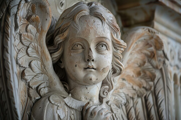Close-up of an angel sculpture with detailed feather wings
