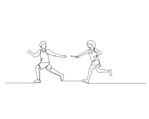 Continuous single line drawing of men who will take the baton from female runners in a relay race. Healthy sport training concept. Design vector illustration