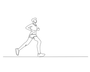 Continuous single line drawing of side view of young man running on safe track. Healthy sport training concept. Design vector illustration