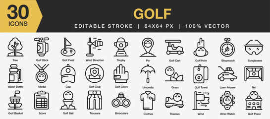 Set of 30 Golf sport icon sets. Editable Stroke Icon Collection. Includes score, golf hole, clothes, trainer, umbrella, medal, glove, and More. Outline icons vector collection.