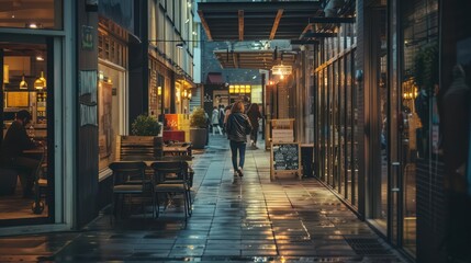 A person walks away from the camera down a cozy, illuminated alley with shops and warm lighting at night