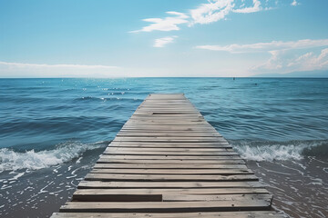 Serene wooden pier stretching into blue ocean under clear skies