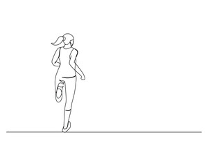Continuous single line drawing of view from behind of a young woman jogging to get the ideal body. Healthy sport training concept. Design vector illustration
