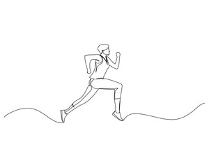 Continuous single line drawing of side view of woman with short hair is running fast on an uphill track. Healthy sport training concept. Competition event. Design vector illustration