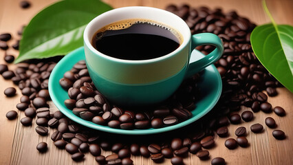 Coffee in Cup and Coffee Beans with Coffee Leaves