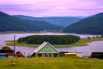the village of Tirlyansky against the backdrop of the Ural Mountains in the Republic of Bashkortostan