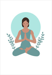 a girl in a blue sports swimsuit with dark hair does yoga against the backdrop of plants and the setting sun 