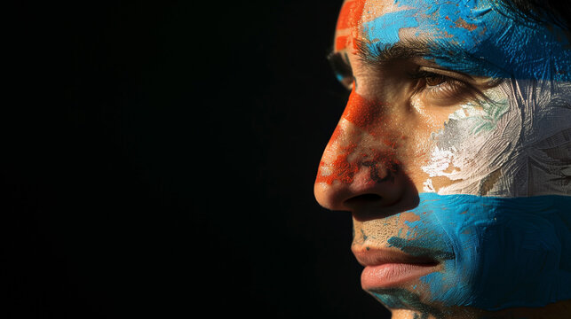 Profile of a man with dramatic face paint in the colors of the Argentine flag