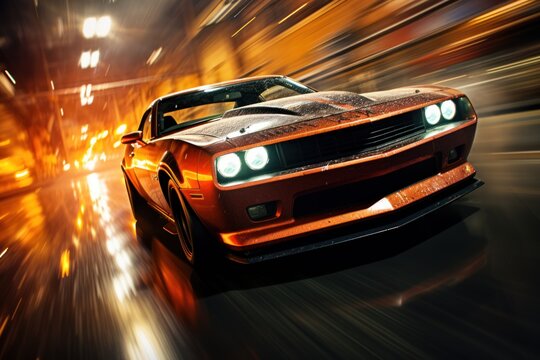 Beautiful sports car on the road at night. Motion blur. Racing car competitions