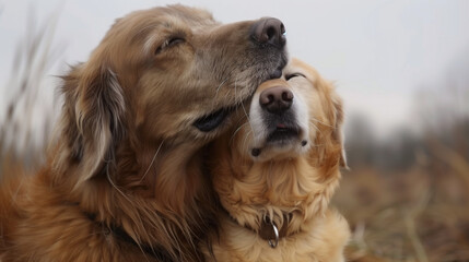 Two golden retrievers share a close, affectionate moment in a misty field