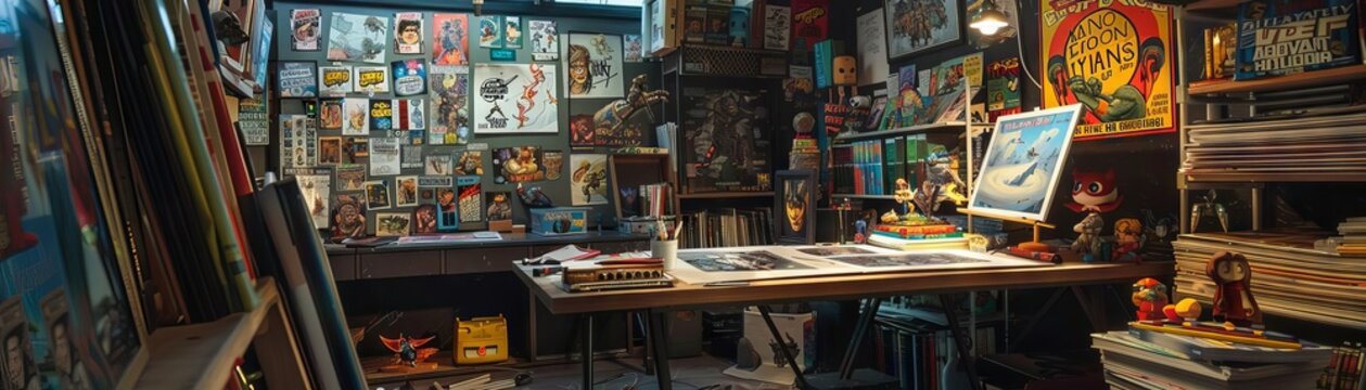 A workspace for a comic book artist featuring a large tablet, stacks of comic books, and character figurines