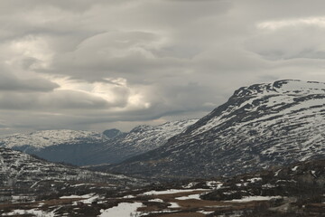 Norwegian mountains covered in spring snow