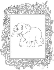 Elephant in A Floral Frame Coloring Page. Printable Coloring Worksheet for Kids. Educational Resources for School and Preschool.