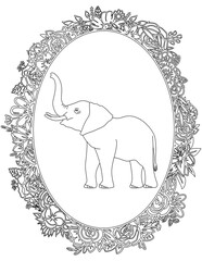 Elephant in A Floral Frame Coloring Page. Printable Coloring Worksheet for Kids. Educational Resources for School and Preschool.