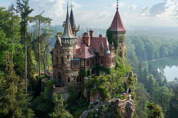 Fototapeta premium An enchanting fairy tale castle perched atop a verdant hilltop, overlooking a tranquil lake and lush forest below, with turrets, spires, and ivy-covered walls.