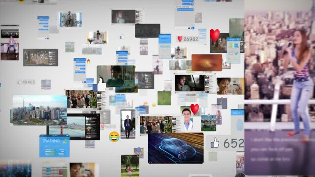 Light Digital Background with Different Online Services. Visualization of Messenger Apps, Dating Profiles, Finance Wallet, Entertainment Viral Videos, Avatars, Emoji, Profiles. Metaverse.