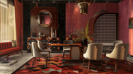 Trendy dining space adorned with very vibrant and chic furniture pieces, reflecting contemporary elegance