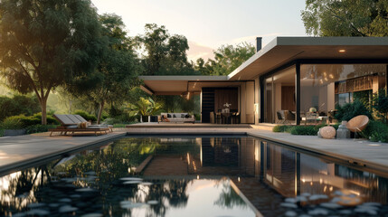 Fototapeta premium Sleek modern house with open spaces and seamless indoor-outdoor flow.